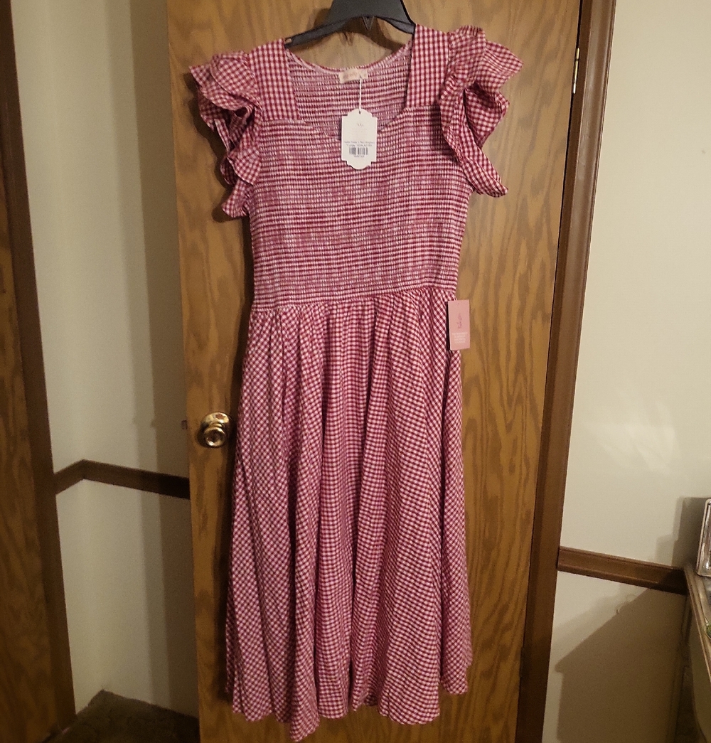 Womens Pink Gingham Ruffle Sleeve Midi Dress